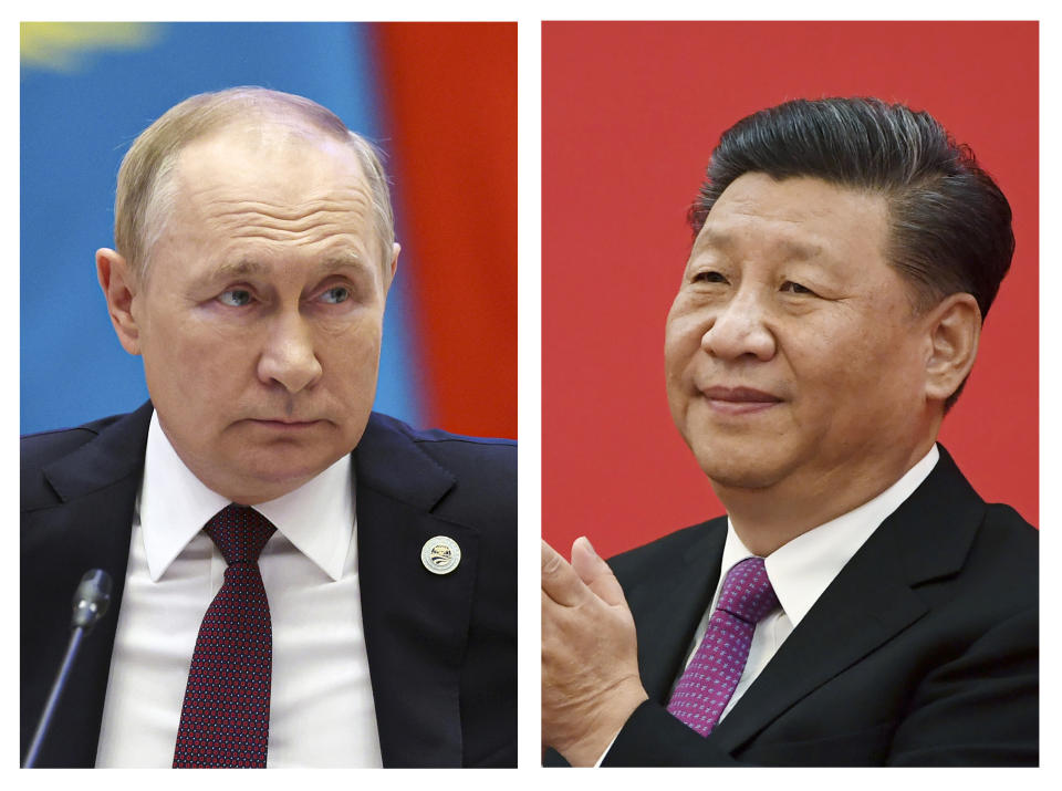 CORRECTS DATE OF XI'S VISIT, FILE - This combination photo shows Russian President Vladimir Putin, left, in Samarkand, Uzbekistan, on Sept. 16, 2022, and China's President Xi Jinping in Beijing on Dec. 2, 2019. China says Xi will visit Russia from Monday, March 20, 2023, to Wednesday in an apparent show of support for Putin. (Sergei Bobylev, Noel Celis/Pool Photos via AP, File)