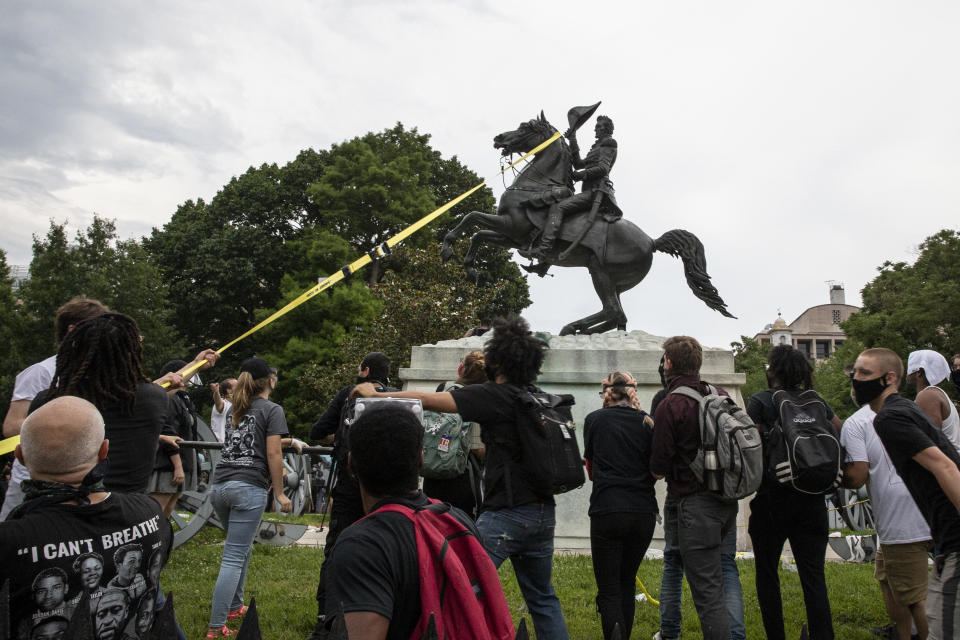 WASHINGTON, DC - JUNE 22:  Protestors attempt to pull down the statue of Andrew Jackson in Lafayette Square near the White House on June 22, 2020 in Washington, DC. Protests continue around the country over the deaths of African Americans while in police custody. / Credit: Tasos Katopodis / Getty Images