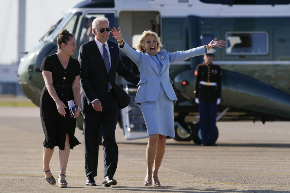 FILE - First lady Jill Biden reacts as she and President Joe Biden meet veterans of the British Armed Forces before boarding Air Force One at Heathrow Airport in London, on June 13, 2021. (AP Photo/Patrick Semansky, File)