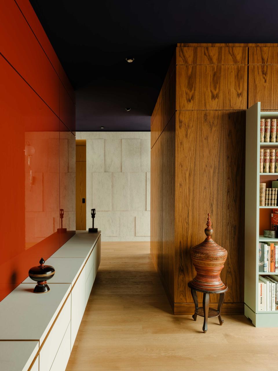 red lacquered wall paneling