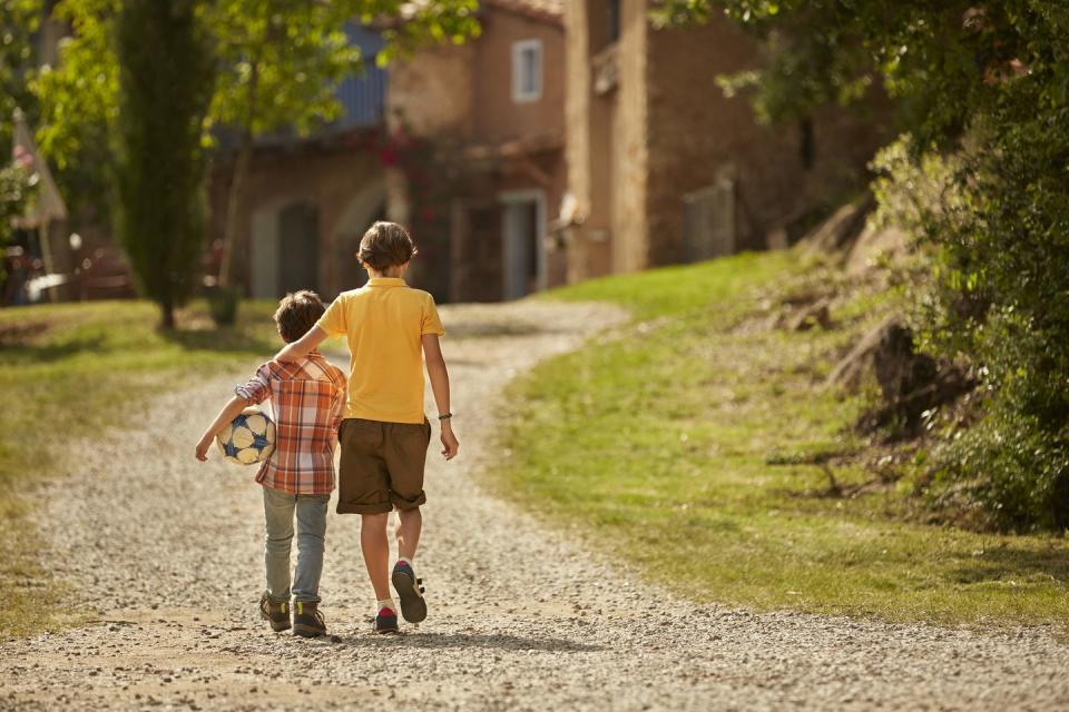 rear view of siblings walking on pathway