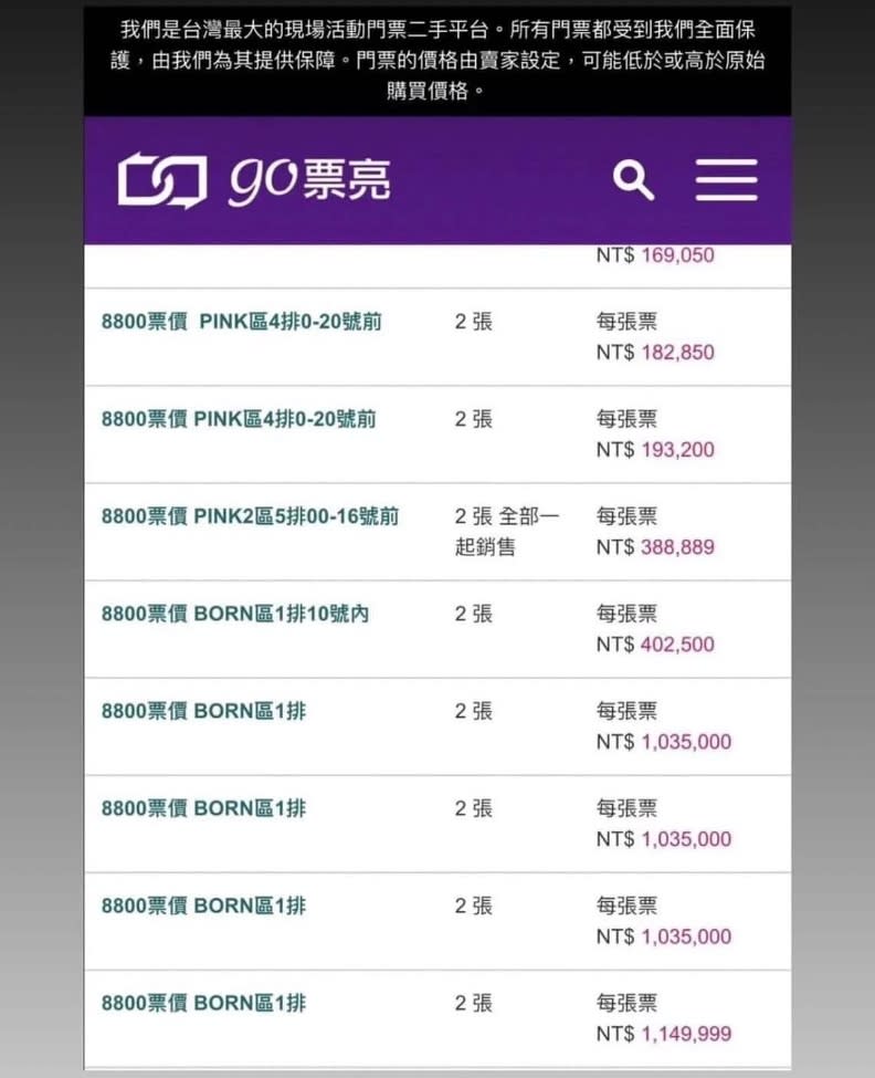 BLACKPINK在go票亮出售價格最高破百萬。go票亮提供