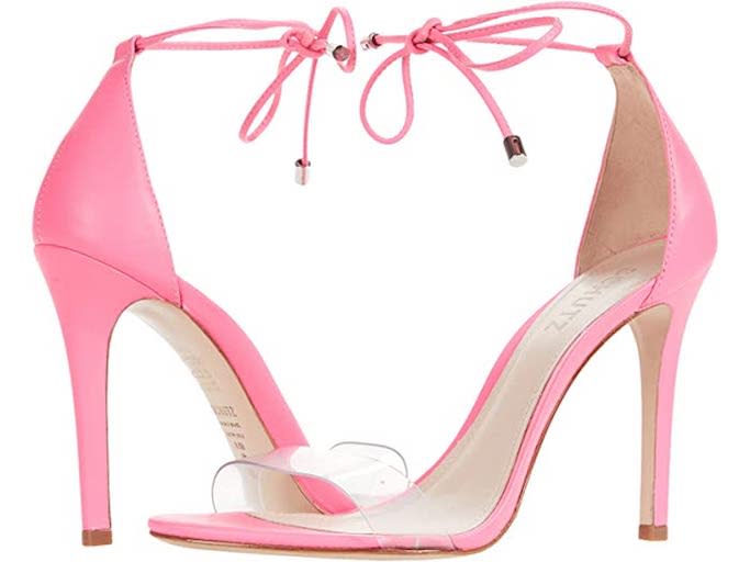 pink sandal, ankle tie sandal, schutz