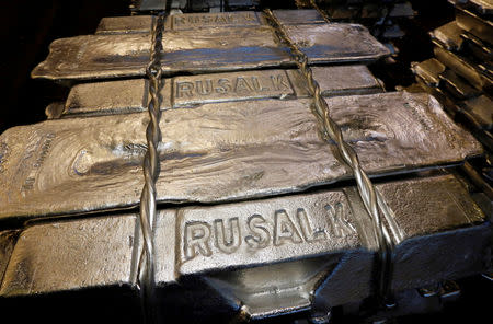 FILE PHOTO: Aluminium ingots are seen stored at the foundry shop of the Rusal Krasnoyarsk aluminium smelter in Krasnoyarsk, Russia October 3, 2018. REUTERS/Ilya Naymushin