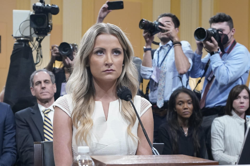 Sarah Matthews, former White House deputy press secretary, arrives as the House select committee investigating the Jan. 6 attack on the U.S. Capitol holds a hearing at the Capitol in Washington, Thursday, July 21, 2022. The Jan. 6 congressional hearings have paused, at least for now, and Washington is taking stock of what was learned about the actions of Donald Trump and associates surrounding the Capitol attack. (AP Photo/Patrick Semansky)