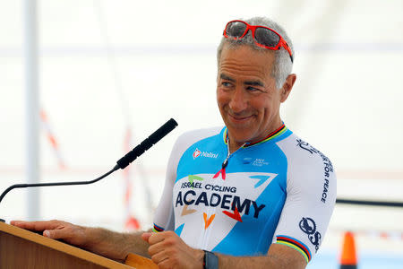 Sylvan Adams, Honorary President of Giro d’Italia’s “Big Start” Israel, speaks during the unveiling of Israel’s first Velodrome in Tel Aviv, Israel May 1, 2018. Picture taken May 1, 2018. REUTERS/Nir Elias