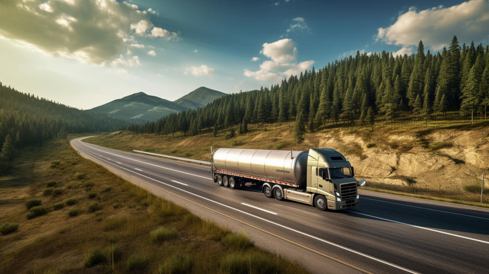 A fuel distribution truck driving down an isolated highway.