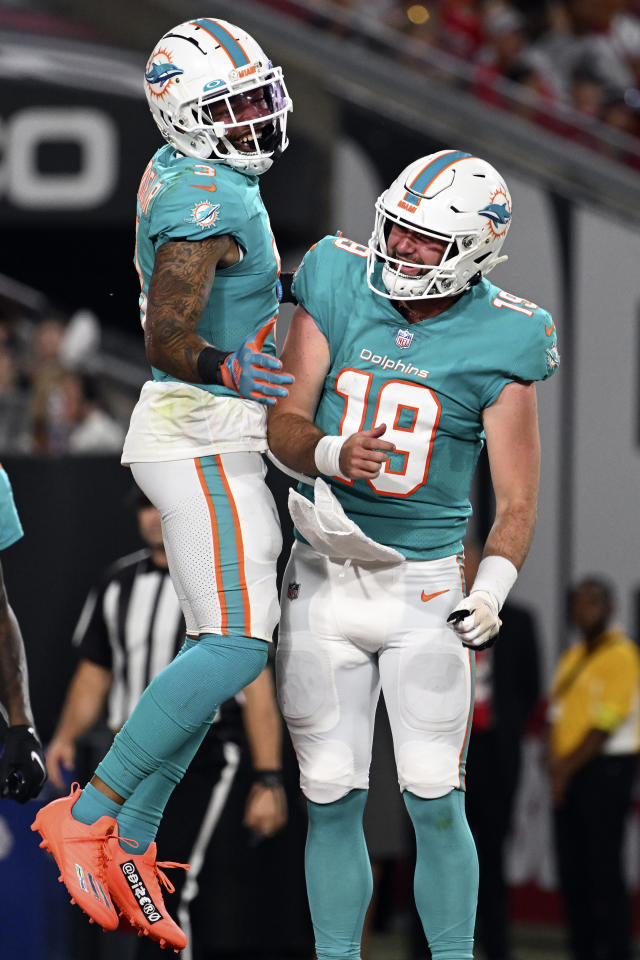 Miami Dolphins quarterback Skylar Thompson (19) in action during an NFL  pre-season football game against the Jacksonville Jaguars, Saturday, Aug.  26, 2023, in Jacksonville, Fla. The Jaguars defeated the Dolphins 31-18. (AP