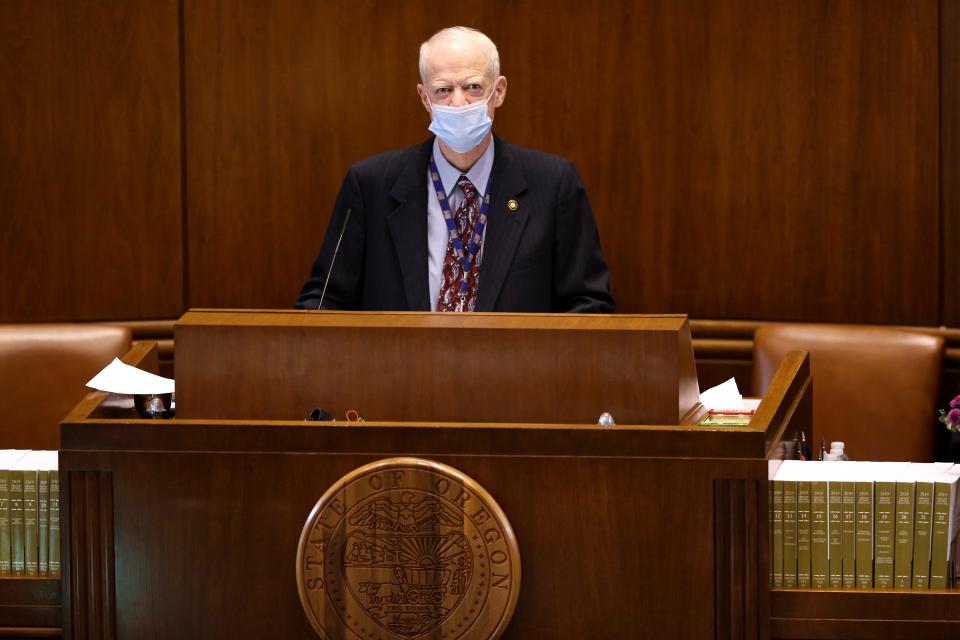 Senate President Peter Courtney of Salem looks to the gallery during Organizational Days for the 81st legislative session at the Oregon State Capitol.