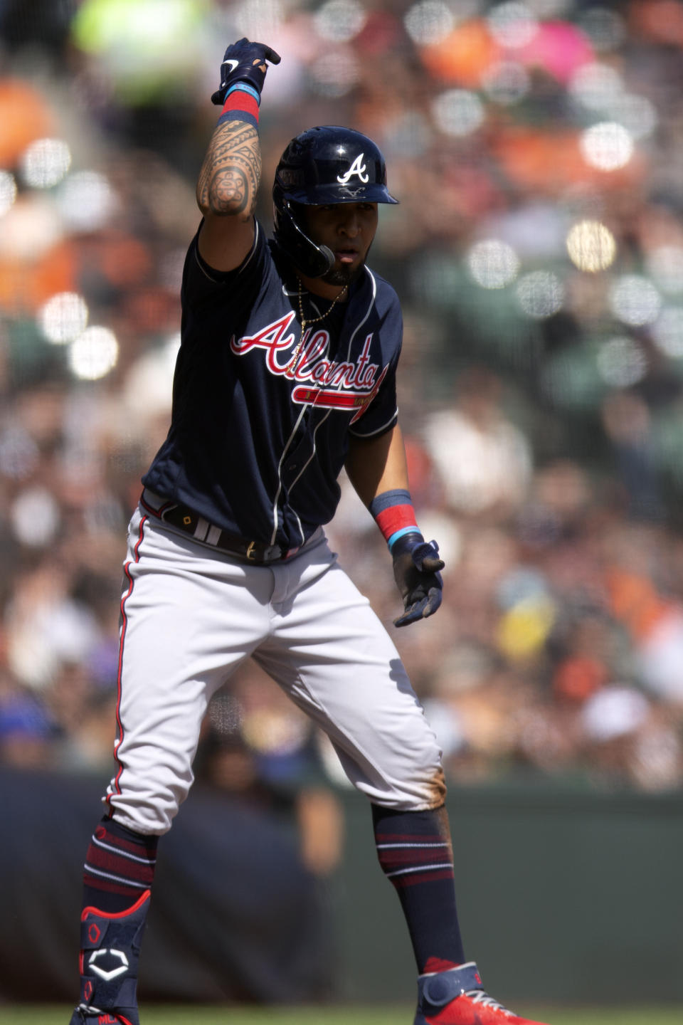 Atlanta Braves' Eddie Rosario gestures after hitting a triple against the San Francisco Giants during the fifth inning of a baseball game, Sunday, Sept. 19, 2021, in San Francisco. (AP Photo/D. Ross Cameron)