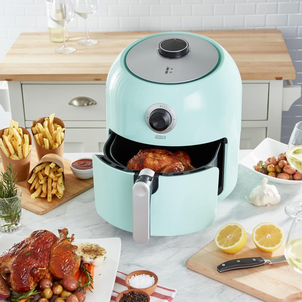 blue air fryer on counter