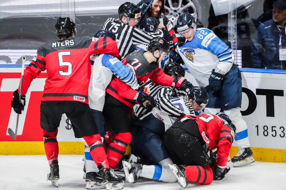 BRATISLAVA, SLOVAKIA - MAY 26, 2019: Canada's and Finland's players fight in their 2019 IIHF Ice Hockey World Championship Gold medal match at Ondrej Nepela Arena. Alexander Demianchuk/TASS (Photo by Alexander Demianchuk\TASS via Getty Images)