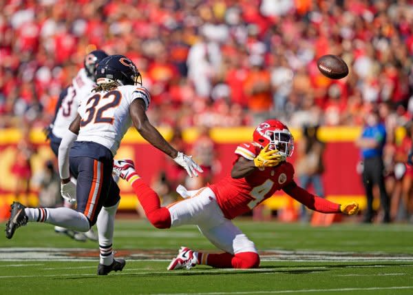 Kansas City Chiefs wide receiver Rashee Rice (R) can be plugged in as a WR3 in Week 5. File Photo by Jon Robichaud/UPI