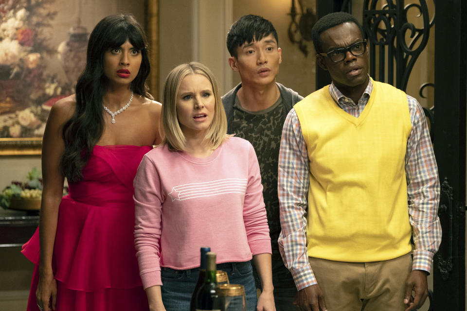 (L-R) Jameela Jamil as Tahani, Kristen Bell as Eleanor Shellstrop, Manny Jacinto as Jason Mendoza, and William Jackson Harper as Chidi on The Good Place. | Colleen Hayes—NBCUniversal via Getty Images