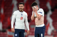 COPENHAGEN, DENMARK - SEPTEMBER 08: Jack Grealish and Declan Rice of England react during the UEFA Nations League group stage match between Denmark and England at Parken Stadium on September 08, 2020 in Copenhagen, Denmark. (Photo by Michael Regan/Getty Images)