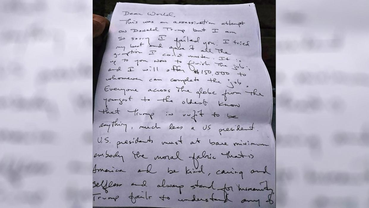 PHOTO: Evidence photo of a letter written by Ryan Wesley Routh from a written factual offer for pretrial detention filed by the U.S. District Court for the Southern District of Florida. (U.S. District Court/Southern District of Florida.)