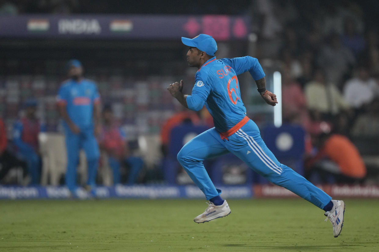 India's Suryakumar Yadav chases a ball during the ICC Men's Cricket World Cup match between India and Netherlands in Bengaluru, India, Sunday, Nov. 12, 2023. (AP Photo/Anupam Nath)