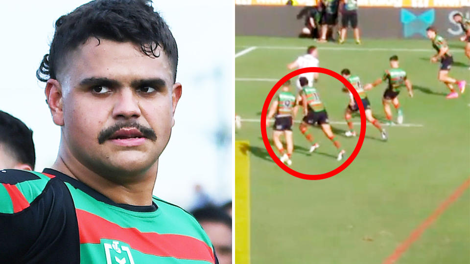 Latrell Mitchell, pictured here in action for the Rabbitohs against the Dragons.