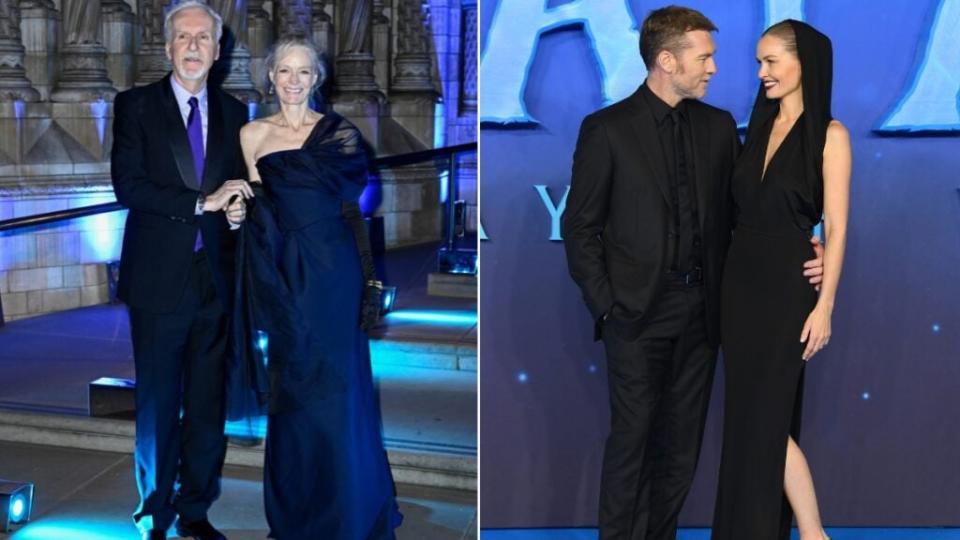 Two happy couples, (Left) James Cameron and Suzy Amis Cameron, along with (Right) Sam Worthington and Lara Worthington celebrate at the “Avatar: The Way of Water” world premiere and after party in London.