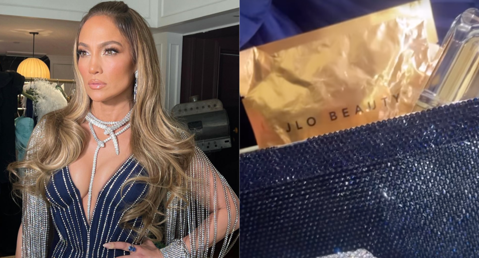 split screen of Jennifer Lopez and two JLo Beauty products for Grammys 2023 (photos via JLo Beauty/Instagram).