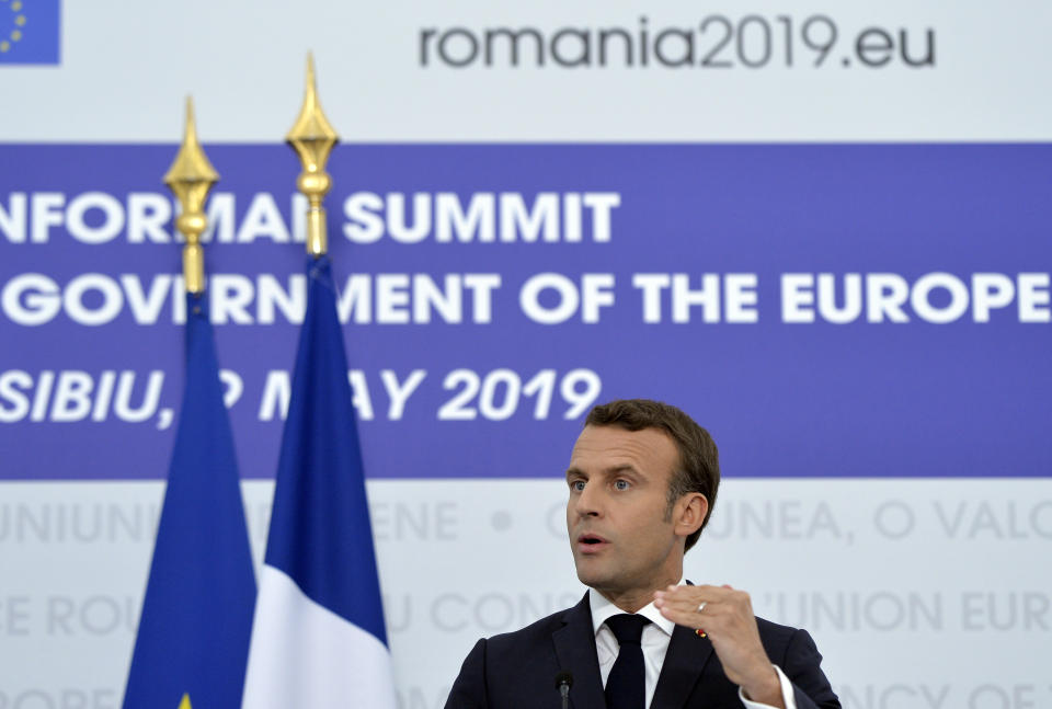 French President Emmanuel Macron speaks during a media conference at an EU summit in Sibiu, Romania, Thursday, May 9, 2019. European Union leaders on Thursday start to set out a course for increased political cooperation in the wake of the impending departure of the United Kingdom from the bloc. (AP Photo/Andreea Alexandru)