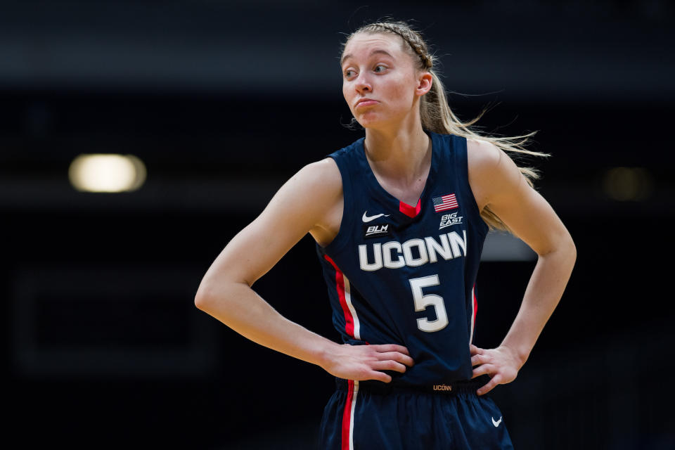 INDIANAPOLIS, IN - FEBRUARY 27: UConn Huskies guard Paige Bueckers (5) reacts to a call during the women's college basketball game between the Butler Bulldogs and UConn Huskies on February 27, 2021, at Hinkle Fieldhouse in Indianapolis, IN. (Photo by Zach Bolinger/Icon Sportswire via Getty Images)