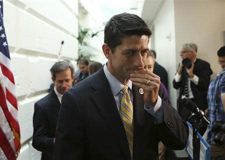 Rep. Paul Ryan (R-WI) departs after a news conference by U.S. Speaker of the House John Boehner (R-OH) and other Republican House members in Washington October 10, 2013. REUTERS/Gary Cameron