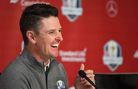 Sep 28, 2016; Chaska, MN, USA; Justin Rose of England addresses the media before their practice round for the 41st Ryder Cup at Hazeltine National Golf Club. Mandatory Credit: John David Mercer-USA TODAY Sports