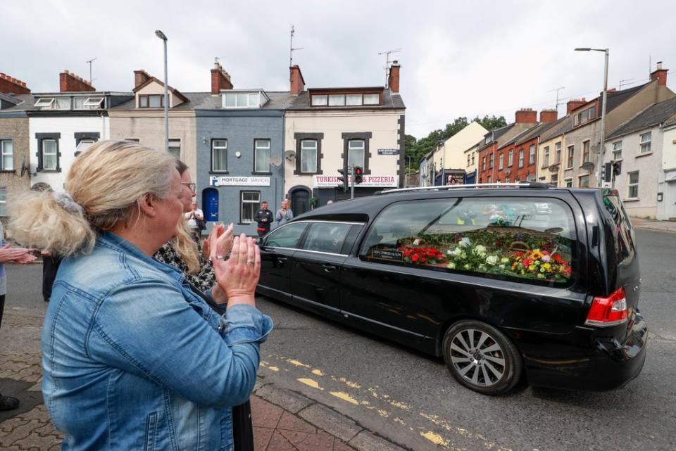 The funeral cortege of Pat Hume leaves St Eugene’s Cathedral (Liam McBurney/PA) (PA Wire)