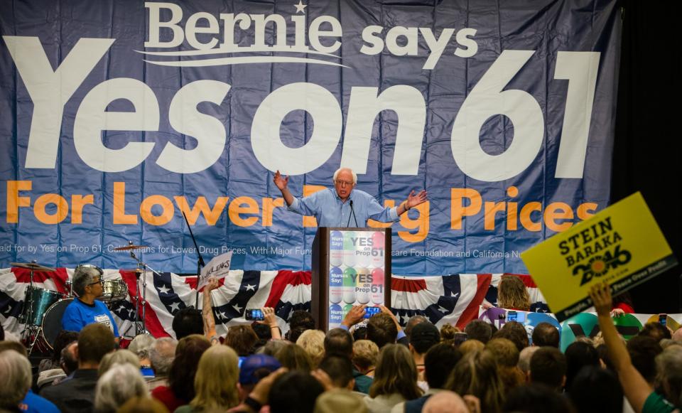 Bernie Sanders addresses the Yes on 61 Press Conference, on Sat. Oct. 15, 2016 in San Francisco, CA at the Marriott Marquis. (Photo: Tomas Ovalle/AP Images for AIDS Healthcare Foundation)