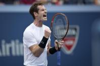 Andy Murray of Britain celebrates after winning a point against Adrian Mannarino of France during their second round match at the U.S. Open Championships tennis tournament in New York, September 3, 2015. REUTERS/Carlo Allegri