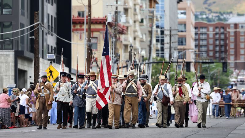 The Mormon Battalion walks in the Days of ’47 Parade in Salt Lake City on Monday, July 24, 2023.