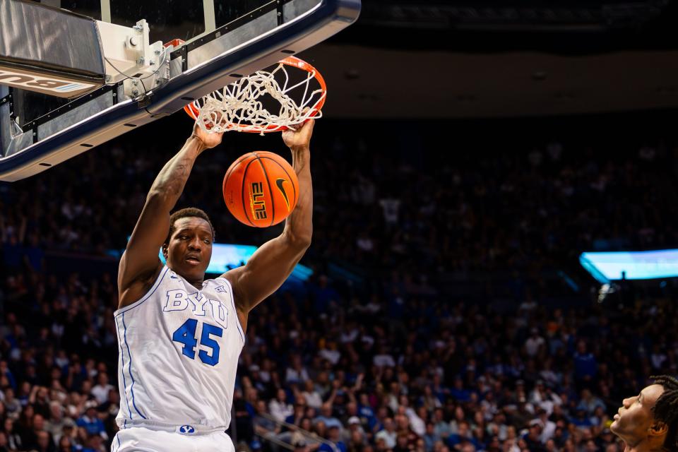 Brigham Young Cougars forward Fousseyni Traore (45) dunks the ball during a men’s college basketball game between Brigham Young University and Baylor University at the Marriott Center in Provo on Tuesday, Feb. 20, 2024. | Megan Nielsen, Deseret News