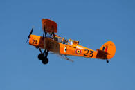 A Stampe-Vertongen SV.4 aircraft flies over Flanders international airport, ahead of the world's first Short Take Off & Landing competition on sand, in Wevelgem, Belgium May 8, 2018. REUTERS/Francois Lenoir