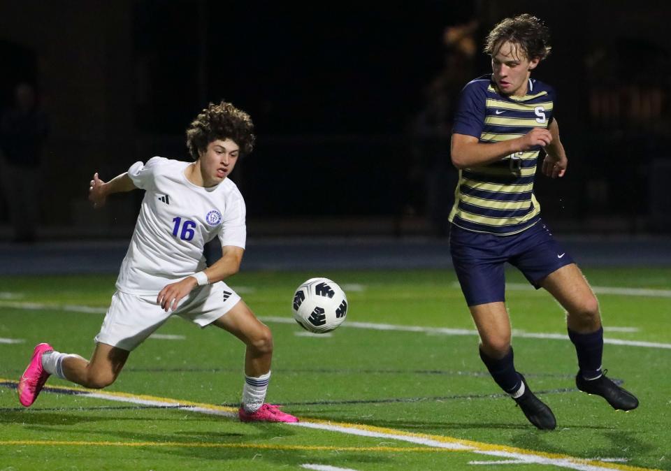 Charter School of Wilmington's Michael Capretto (left) is defended by Salesianum's Ryan Toy in the second half of Salesianum's 2-0 win at Abessinio Stadium, Tuesday, Sept. 19, 2023.