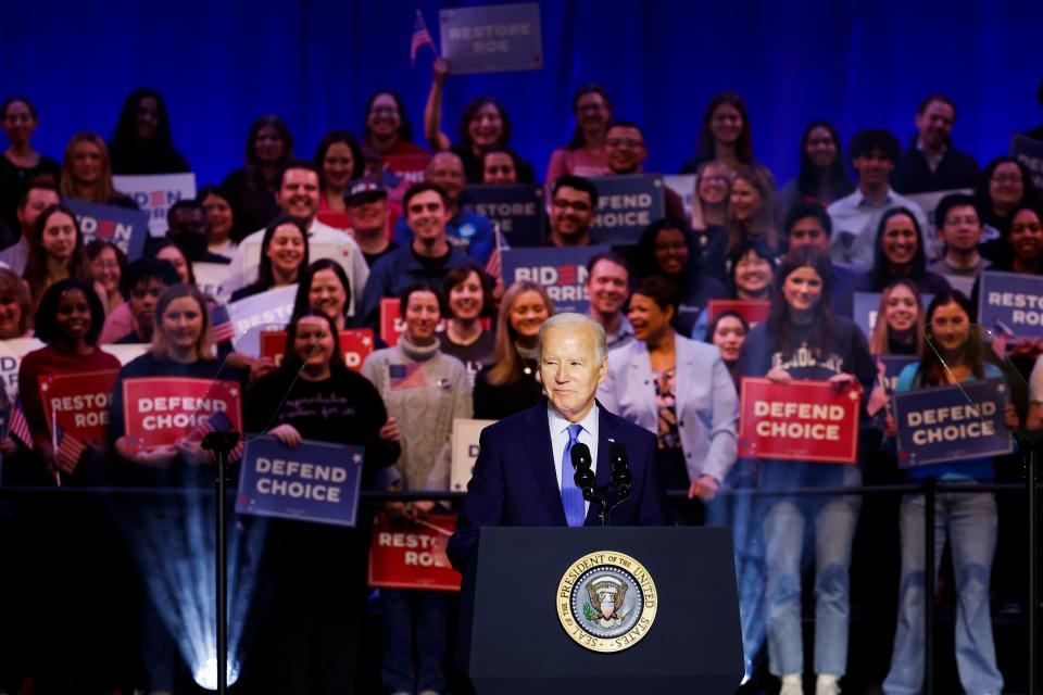 Manassas, Virginia |  President Joe Biden speaks at a Reproductive Freedom Campaign Rally." at George Mason University on January 23, 2024 in Manassas, Virginia.  He called on Democrats to help him restore abortion rights while blaming former President Donald Trump for eliminating protections guaranteed by Roe v. Wade.  Biden faced repeated heckles from pro-Palestinian protesters during his first major campaign rally of 2024.