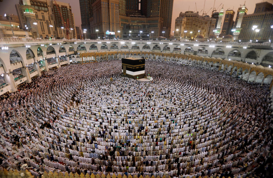 Pilgrims pray at the Grand mosque