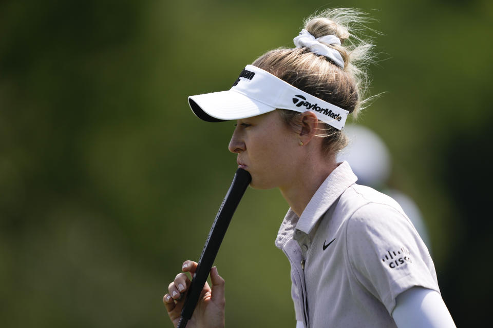 Nelly Korda measures her putt on the second green during the first round of the U.S. Women's Open golf tournament at Lancaster Country Club, Thursday, May 30, 2024, in Lancaster, Pa. (AP Photo/Matt Rourke)