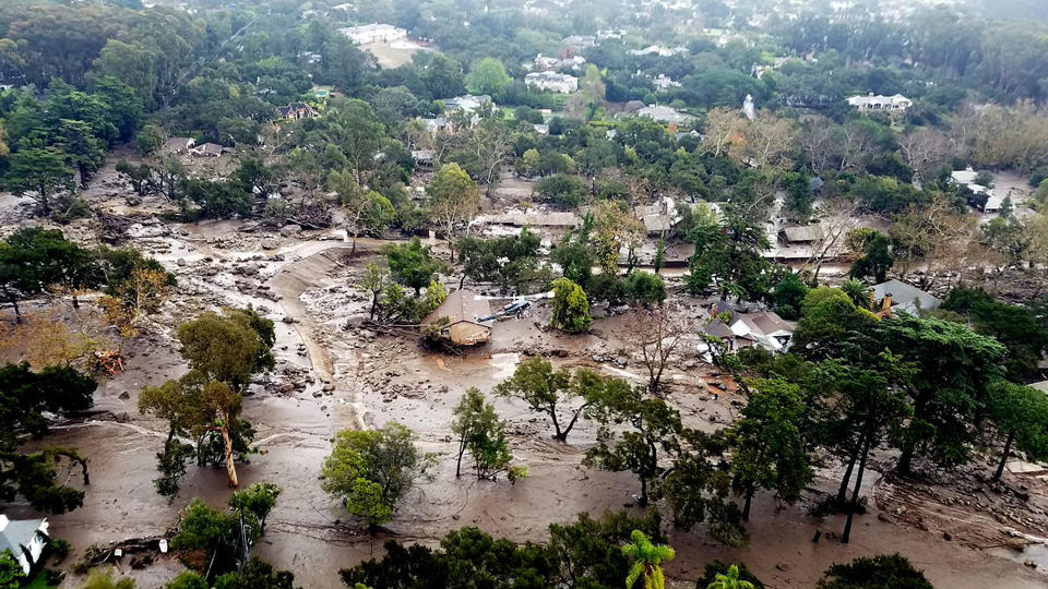 <p>Aerial view of mudflow and damage to homes in Montecito, Calif., Wednesday, Jan. 10, 2018. (Photo: Matt Udkow/Santa Barbara County Fire Department via AP) </p>