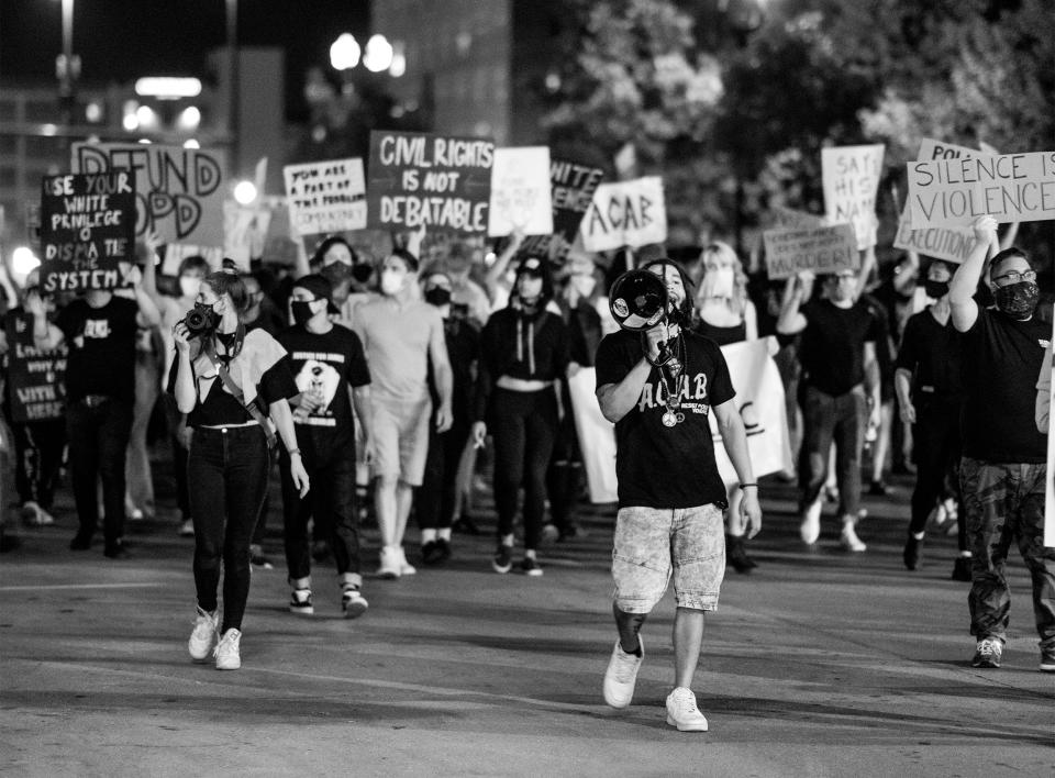 Bear Alexander leading a march in Omaha, Neb. on Aug. 29, 2020. (Chris Kelley)