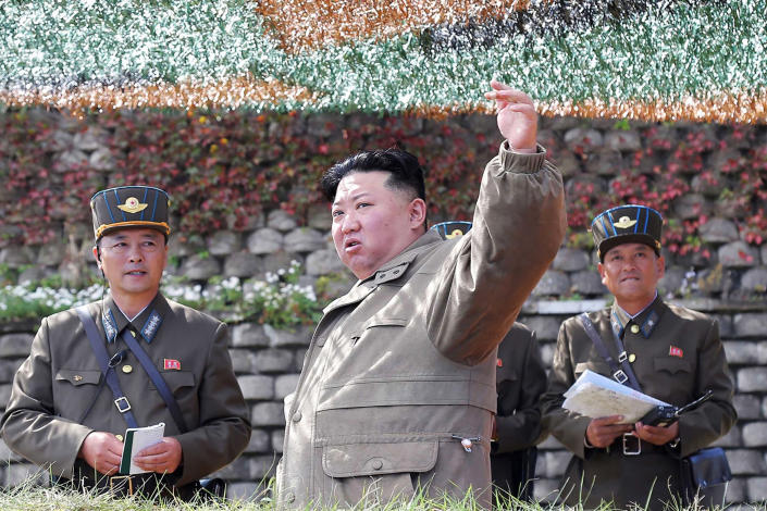 North Korea's leader Kim Jong Un at a large-scale air attack training exercise for the Korean People's Army Air Force on Oct. 8, 2022. (KCNA / AFP - Getty Images)