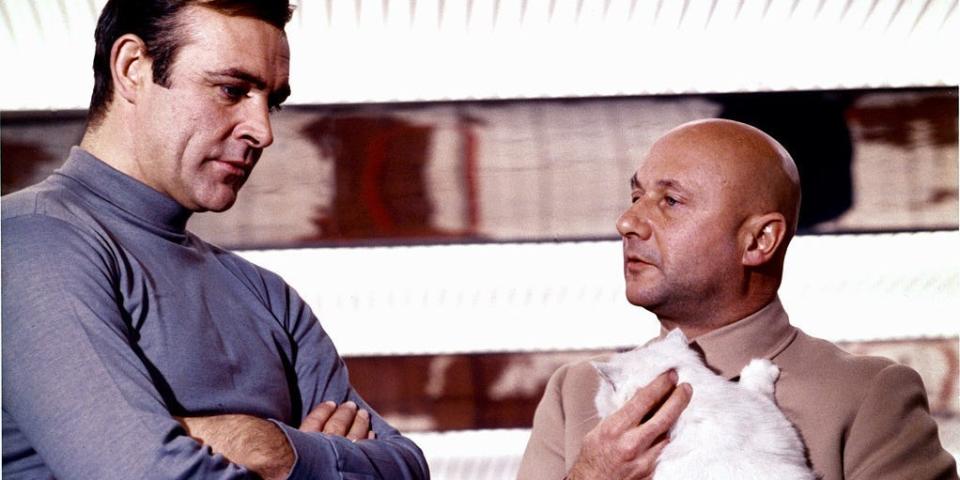 Sean Connery in a silver turtleneck and Donald Pleasence in khaki jacket holding a white cat