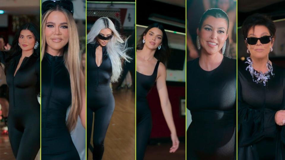 a six-part composite showing the six kardashian-jenner women roller skating and wearing black outfits. from left to right: kylie, khloé, kim, kendall, kourtney, kris