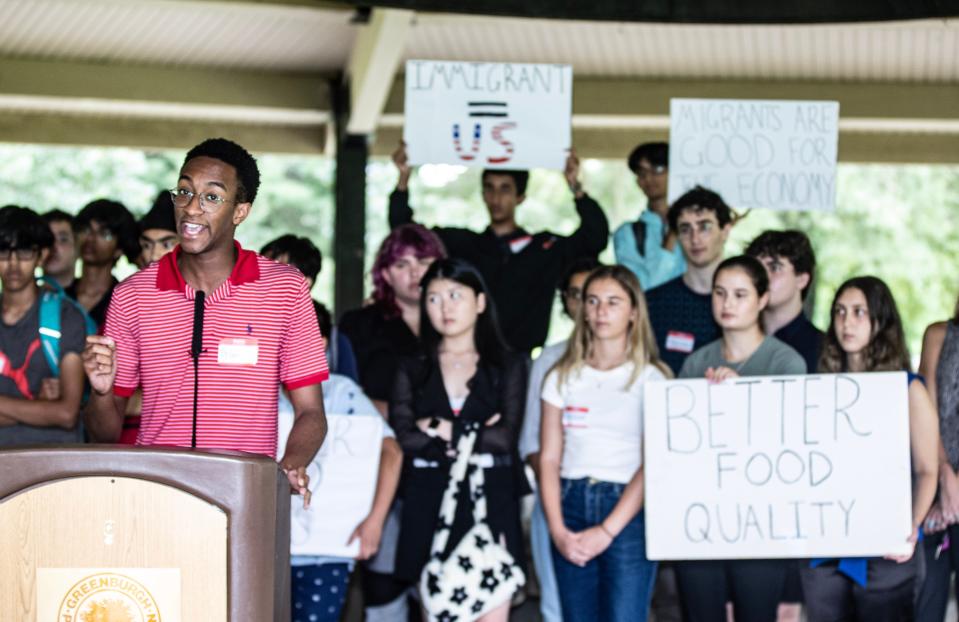 Dylan Ormsby, 19, a member of the Greenburgh Town Hall Summer Internship Program, along with Rep. Jamaal Bowman, who represents New YorkÕs 17th Congressional District, spoke at Macy Park in Ardsley Aug. 15, 2023 about issues facing asylum seekers, and especially those who have been sent from New York City to Westchester County. Members of the Greenburgh internship program have been volunteering to assist asylum seekers who are being housed at the Ardsley Acres Motel. 