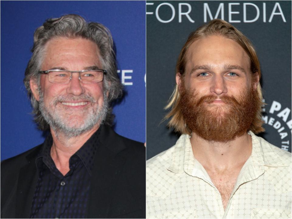 An older Kurt with grey hair and a beard and a younger Wyatt with dirty brown hair and a beard.