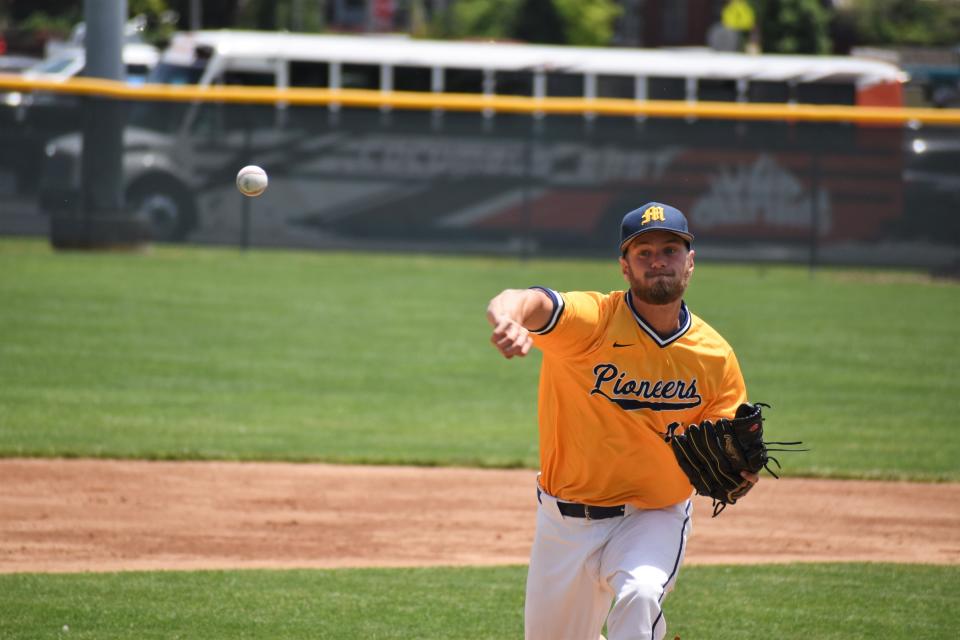 Mooresville's Nick Wiley throws a pitch during the Pioneers' regional game with Columbus East on June 4, 2022.