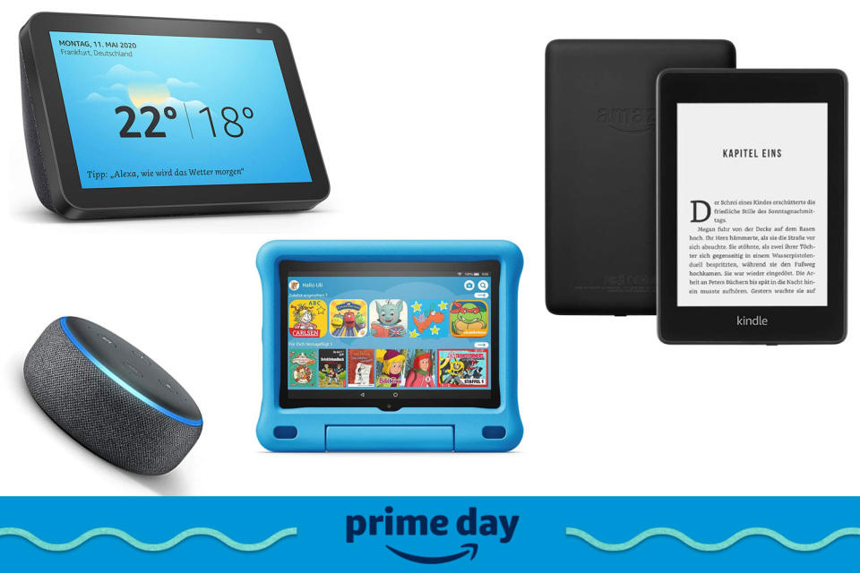 Amazon-Geräte wie Echo Dot, Kindle oder Echo Show gibt es zum Prime Day 2020 günstig wie nie. (Bilder: Amazon.de)