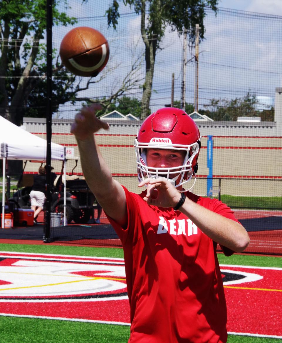 BSU Bears starting quarterback James Cahoon gets some extra work in on the first day of practice on Friday, August 11, 2023.