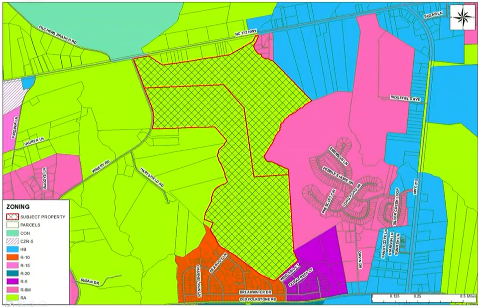 Current zoning map. NC Highway 172 is at the top of the map, with the parcels outlined in red the ones to be rezoned.