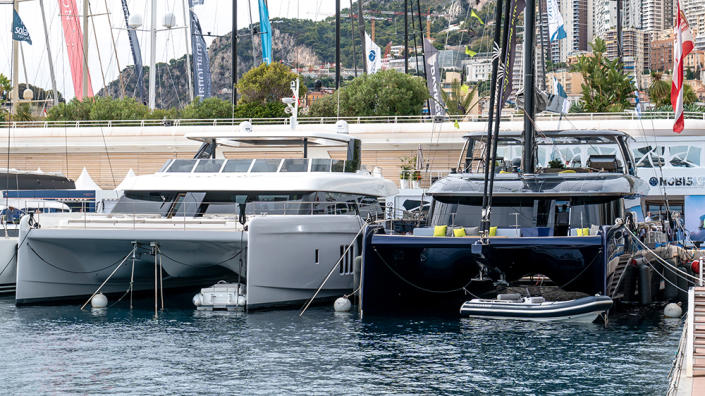Two Sunreef 80 Eco catamarans at the Monaco Yacht Show.